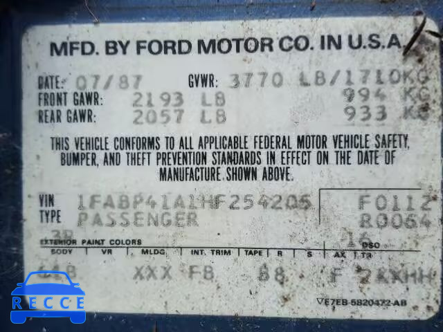 1987 FORD MUSTANG LX 1FABP41A1HF254205 image 9