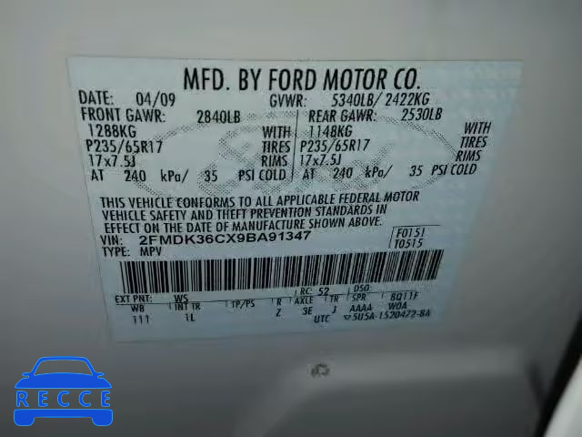 2009 FORD EDGE SE 2FMDK36CX9BA91347 зображення 9