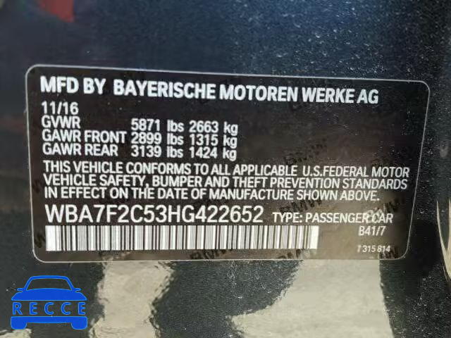 2017 BMW 750 XI WBA7F2C53HG422652 image 9