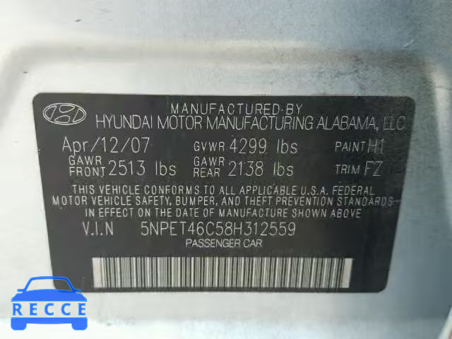 2008 HYUNDAI SONATA 5NPET46C58H312559 image 9