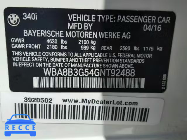 2016 BMW 340I WBA8B3G54GNT92488 зображення 9