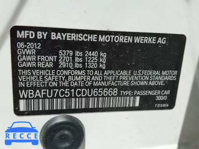 2012 BMW 535XI WBAFU7C51CDU65668 зображення 9