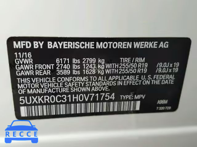 2017 BMW X5 XDRIVE3 5UXKR0C31H0V71754 зображення 9