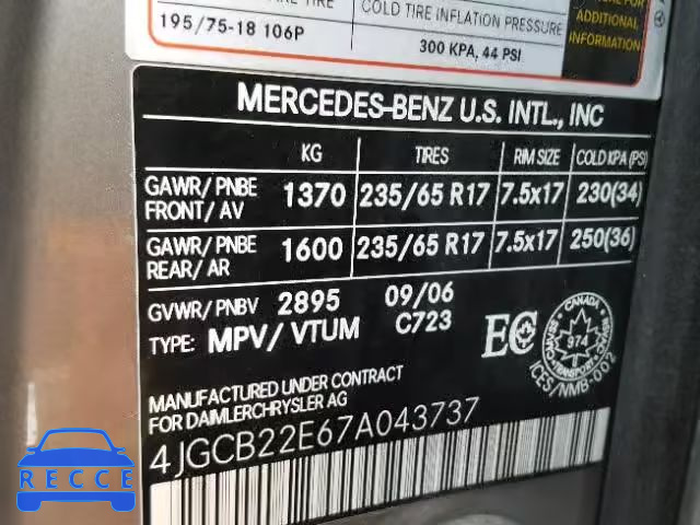 2007 MERCEDES-BENZ R 320 CDI 4JGCB22E67A043737 зображення 9