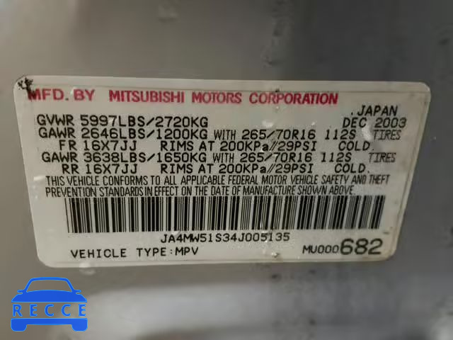 2004 MITSUBISHI MONTERO LI JA4MW51S34J005135 image 9