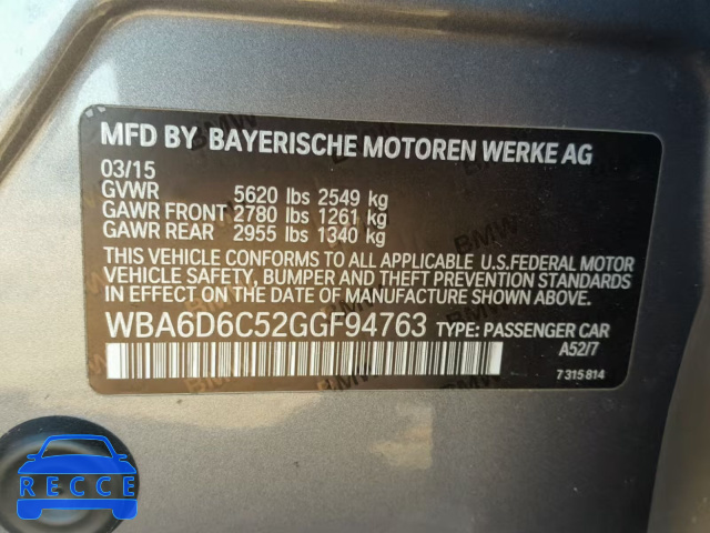 2016 BMW 650 XI WBA6D6C52GGF94763 зображення 9