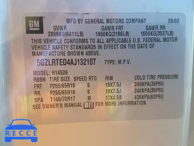 2010 SATURN OUTLOOK XE 5GZLRTED4AJ132107 image 9