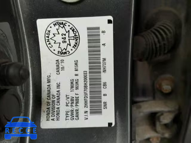 2011 ACURA CSX TECHNO 2HHFD5F70BH200033 image 9