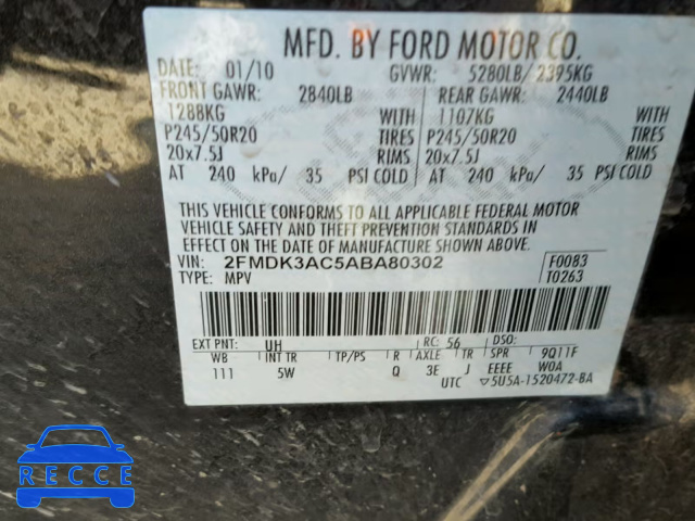 2010 FORD EDGE SPORT 2FMDK3AC5ABA80302 Bild 9