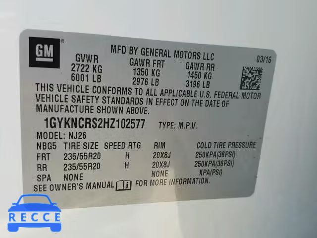 2017 CADILLAC XT5 PREMIU 1GYKNCRS2HZ102577 image 9