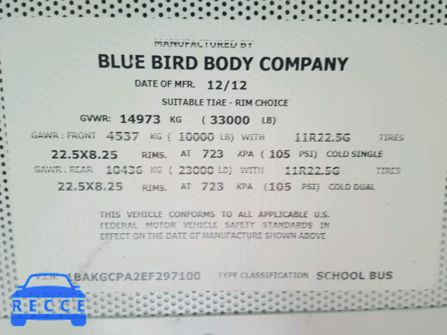 2014 BLUE BIRD SCHOOL BUS 1BAKGCPA2EF297100 Bild 9