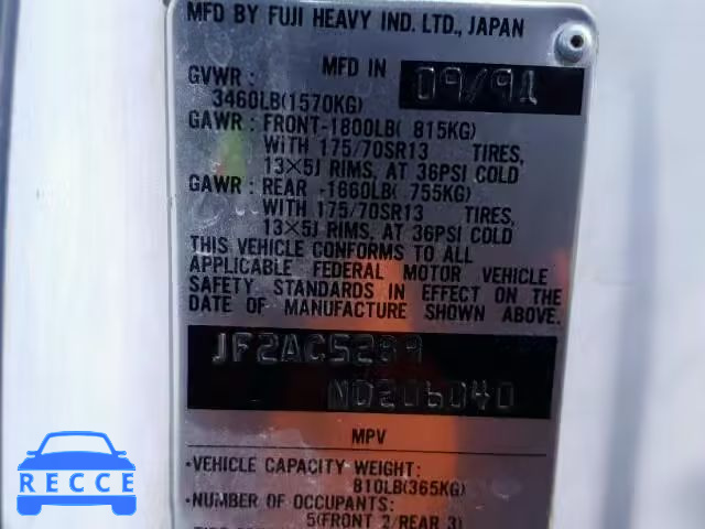 1992 SUBARU LOYALE JF2AC52B9ND206040 image 9