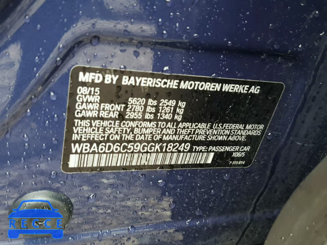 2016 BMW 650 XI WBA6D6C59GGK18249 зображення 9