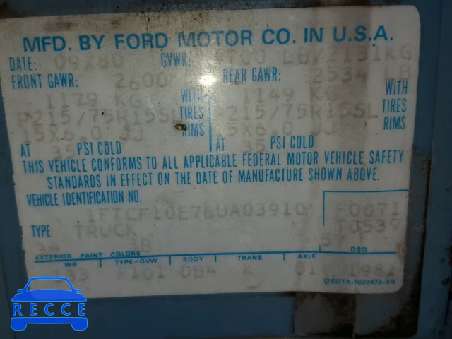 1981 FORD F100 1FTCF10E7BUA03910 зображення 9