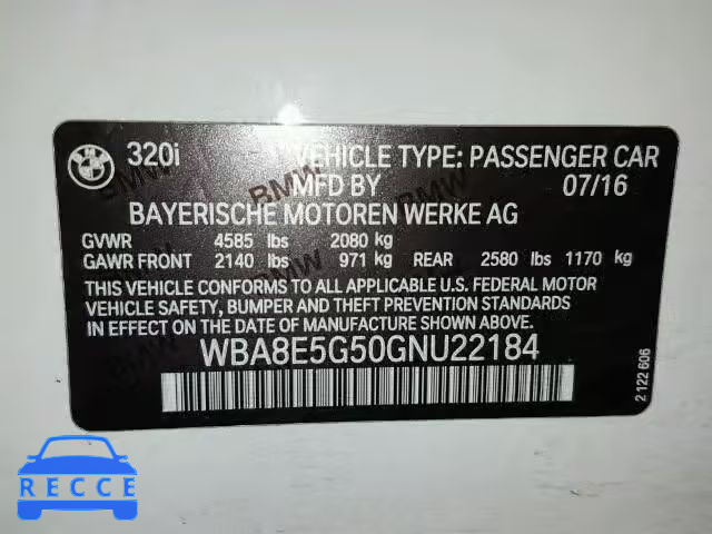 2016 BMW 320 XI WBA8E5G50GNU22184 зображення 9