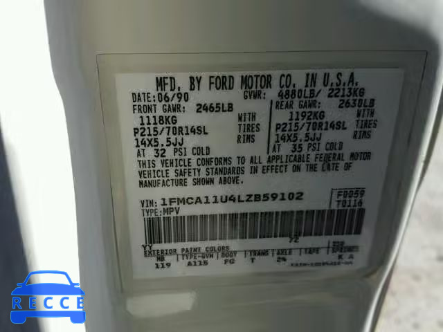 1990 FORD AEROSTAR 1FMCA11U4LZB59102 image 9