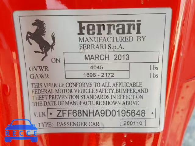 2013 FERRARI 458 SPIDER ZFF68NHA9D0195648 зображення 9