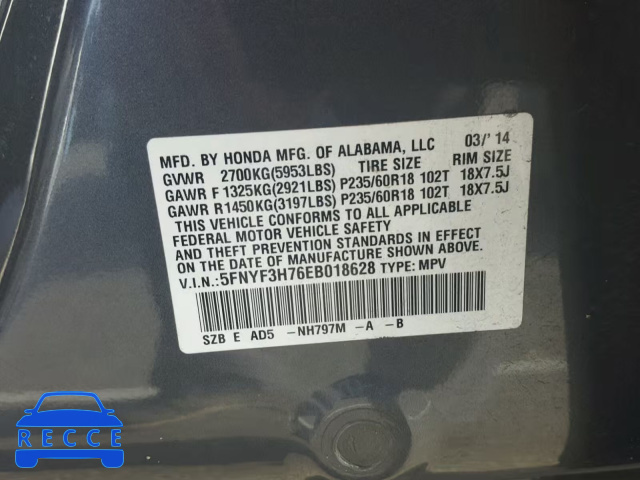 2014 HONDA PILOT EXLN 5FNYF3H76EB018628 Bild 9