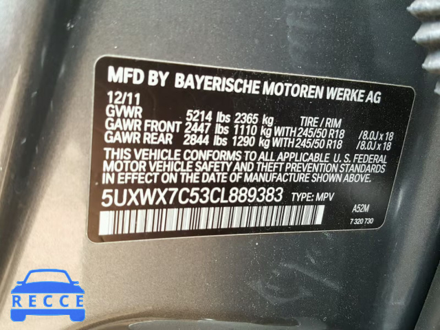 2012 BMW X3 XDRIVE3 5UXWX7C53CL889383 зображення 9