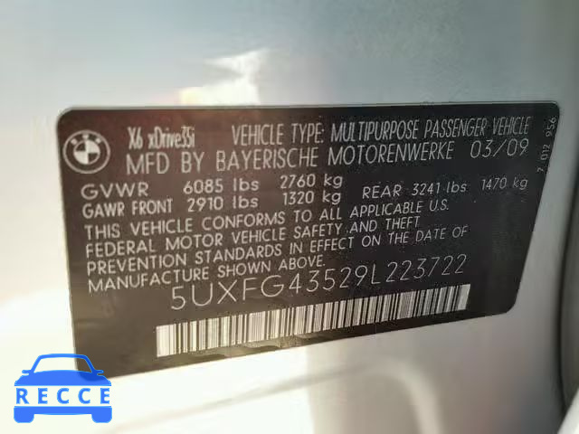 2009 BMW X6 XDRIVE3 5UXFG43529L223722 image 9