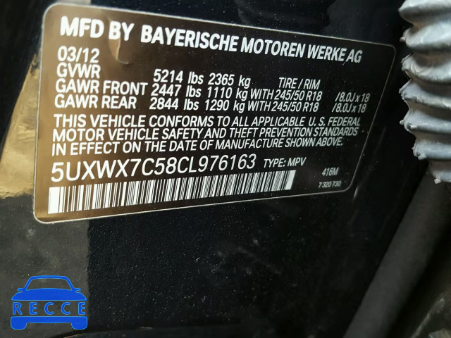 2012 BMW X3 XDRIVE3 5UXWX7C58CL976163 зображення 9