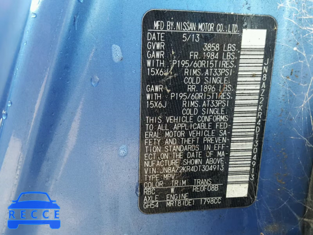 2013 NISSAN CUBE S JN8AZ2KR4DT304913 image 9
