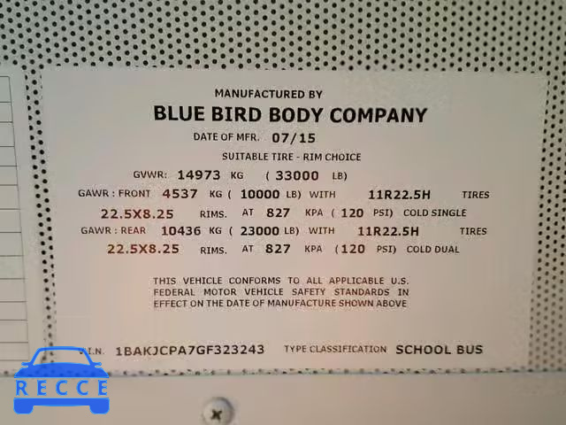 2016 BLUE BIRD SCHOOL BUS 1BAKJCPA7GF323243 image 9