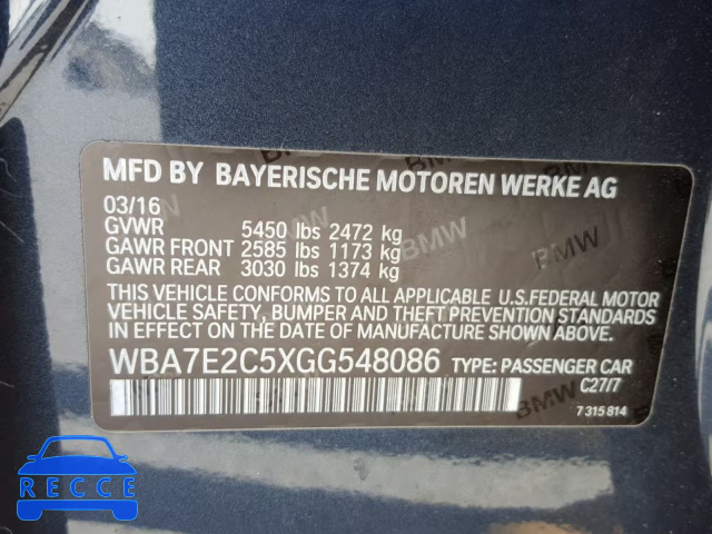 2016 BMW 740 I WBA7E2C5XGG548086 зображення 9