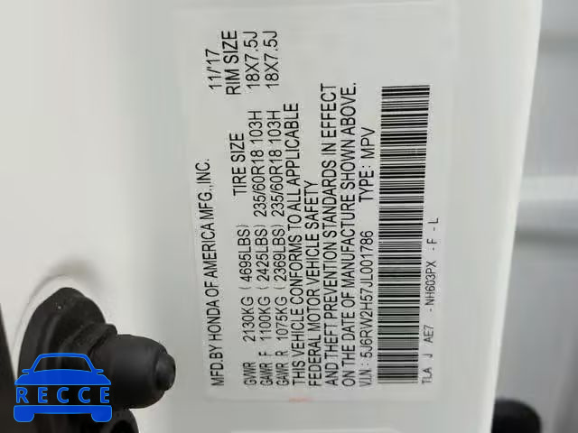 2018 HONDA CR-V EX 5J6RW2H57JL001786 Bild 9