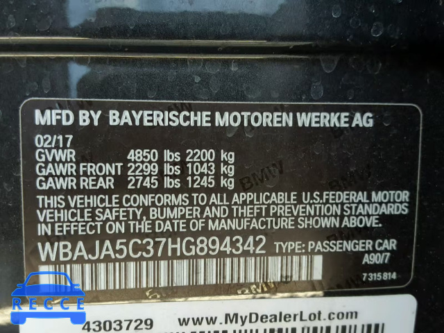 2017 BMW 530 I WBAJA5C37HG894342 зображення 9