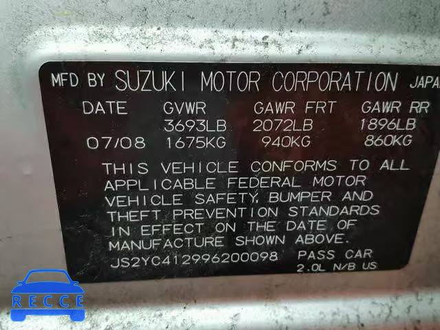 2009 SUZUKI SX4 BASE JS2YC412996200098 image 9