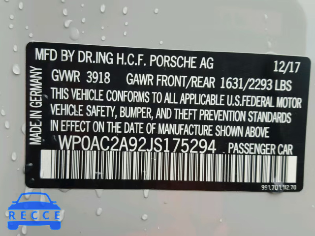 2018 PORSCHE 911 GT3 WP0AC2A92JS175294 image 9