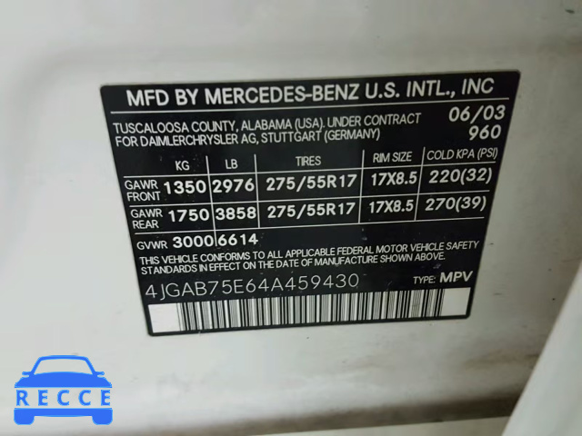 2004 MERCEDES-BENZ ML 500 4JGAB75E64A459430 image 9