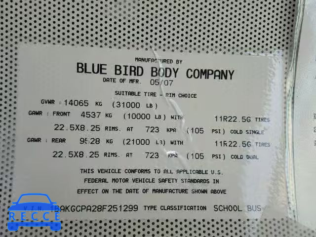 2008 BLUE BIRD SCHOOL BUS 1BAKGCPA28F251299 image 9