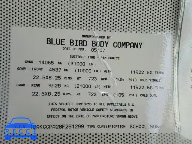 2008 BLUE BIRD SCHOOL BUS 1BAKGCPA28F251299 зображення 9