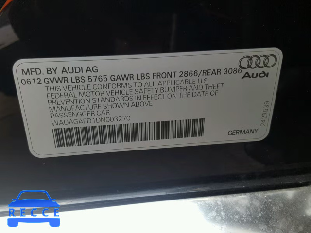2013 AUDI A8 QUATTRO WAUAGAFD1DN003270 image 9