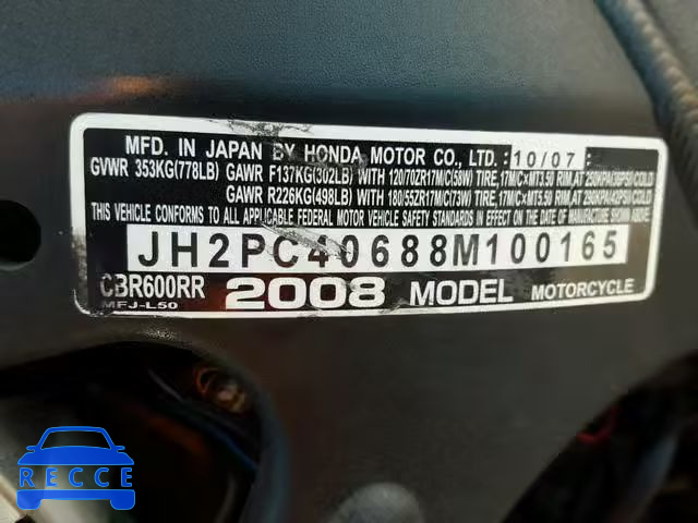 2008 HONDA CBR600 RR JH2PC40688M100165 зображення 9