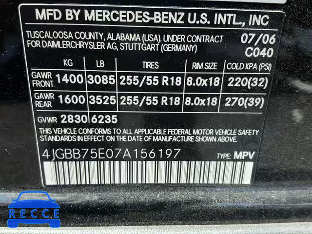 2007 MERCEDES-BENZ ML 500 4JGBB75E07A156197 Bild 9