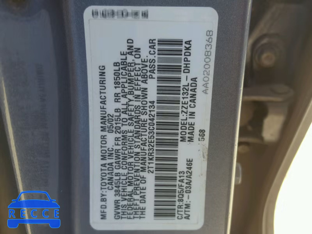 2003 TOYOTA MATRIX BAS 2T1KR32E53C042134 зображення 9