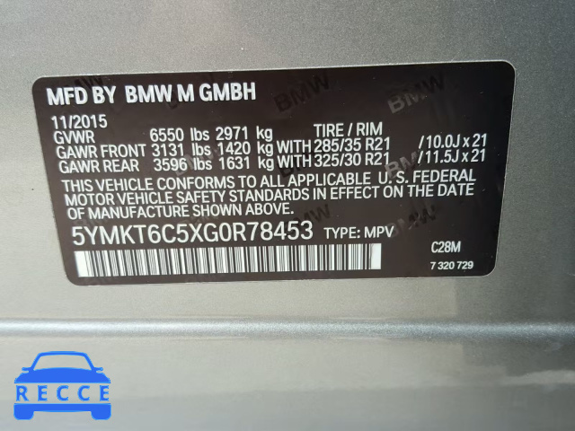 2016 BMW X5 M 5YMKT6C5XG0R78453 зображення 9