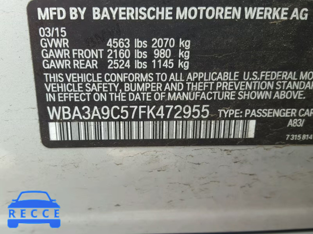 2015 BMW 335 I WBA3A9C57FK472955 зображення 9