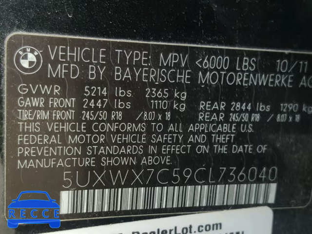 2012 BMW X3 XDRIVE3 5UXWX7C59CL736040 image 9