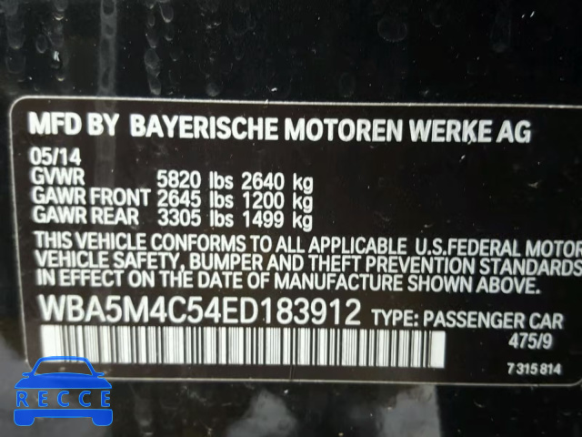 2014 BMW 535 XIGT WBA5M4C54ED183912 зображення 9