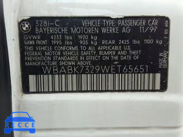 1998 BMW 328 IC WBABK7329WET65651 image 9