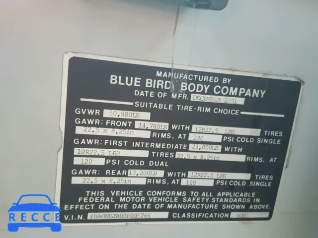 2002 BLUE BIRD SCHOOL BUS 1BAGNBJA02F205766 image 9