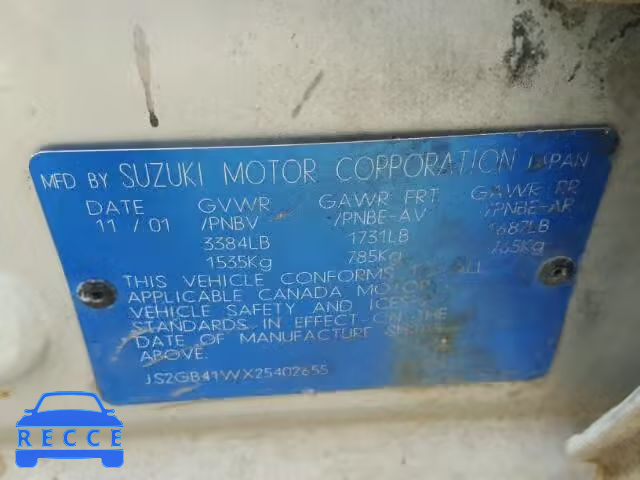 2002 SUZUKI ESTEEM GL JS2GB41WX25402655 Bild 9