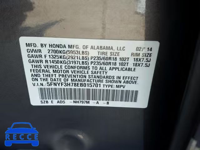 2014 HONDA PILOT EXLN 5FNYF3H78EB015701 image 9