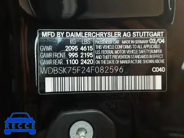 2004 MERCEDES-BENZ SL 500 WDBSK75F24F082596 image 9