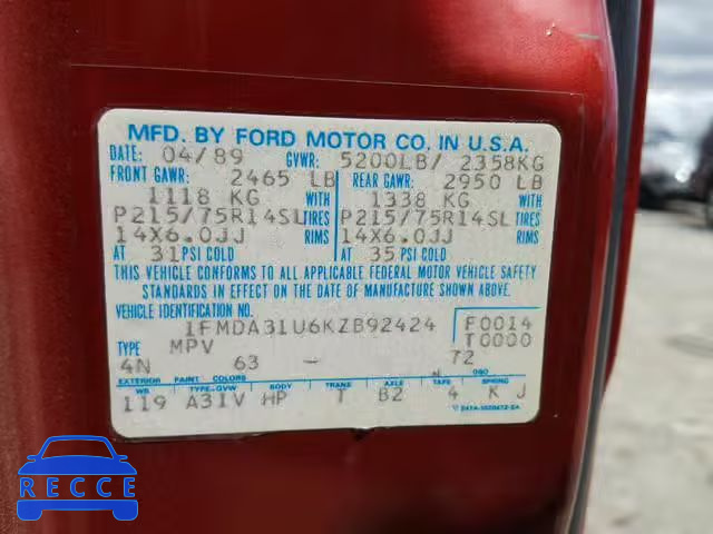 1989 FORD AEROSTAR 1FMDA31U6KZB92424 image 9