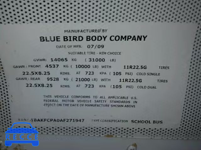 2010 BLUE BIRD SCHOOL BUS 1BAKFCPA0AF271947 зображення 9